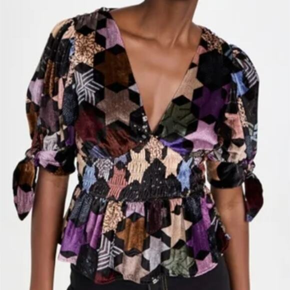 Sea New York Estella Velvet Smocked V-neck Blouse Top Whimsigoth Womens Size XL